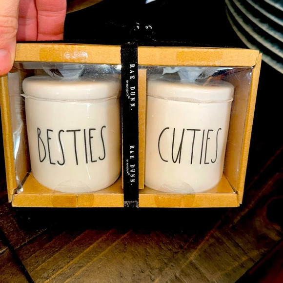 NWT RAE DUNN canisters ceramic BESTIES/CUTIES w/lids (organizers/makeup/office) - Picture 2 of 3